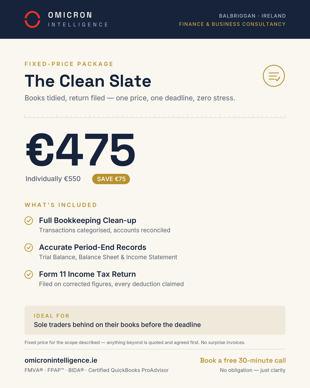 The Clean Slate package, €475 (individually €550): full bookkeeping clean-up, reconciled period-end accounts, and Form 11 income tax return filed on corrected figures.