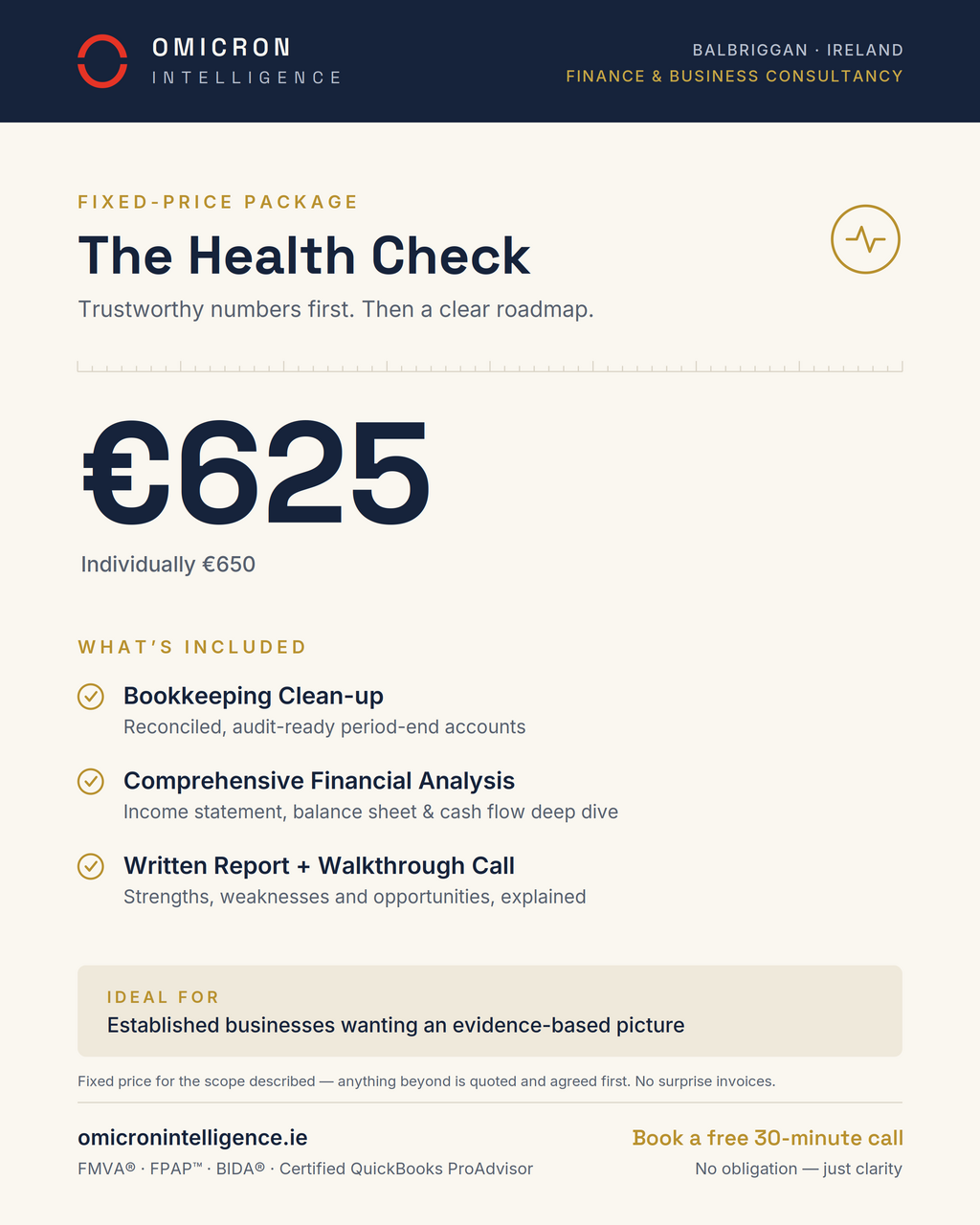 The Health Check package, €625: bookkeeping clean-up plus comprehensive financial analysis with written report and walkthrough call. For established businesses.